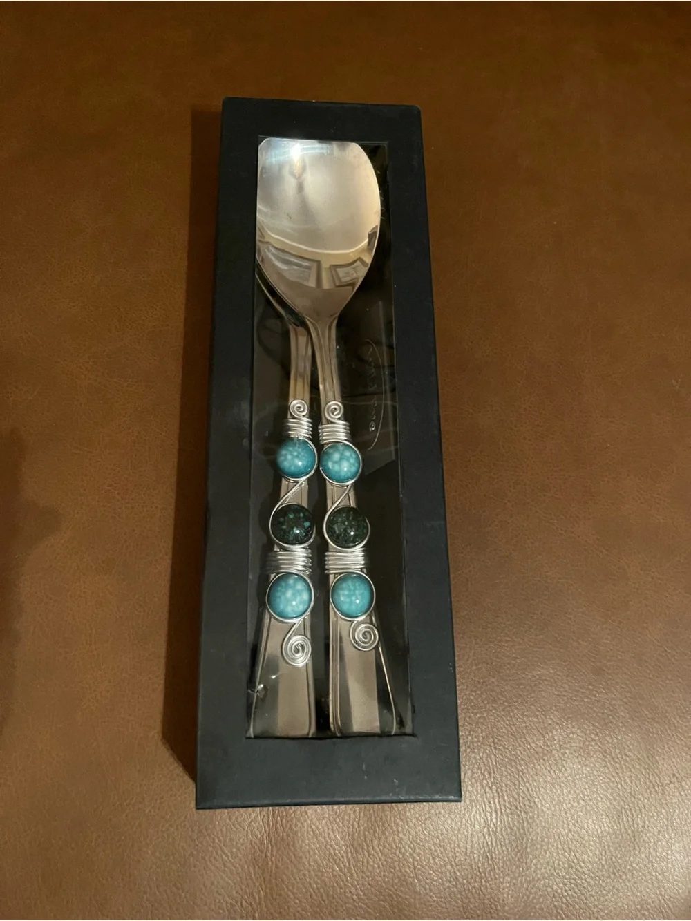 Wild Eye Designs Stainless Salad Servers Spoon and Fork w/ Blue Gem Stones